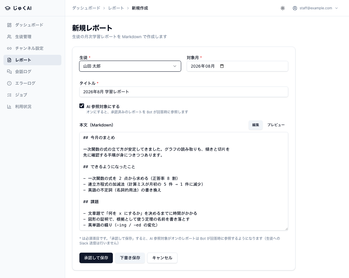 新規レポート作成のフォーム。上段に「生徒（選択式）」と「対象月（月の入力）」、次に「タイトル」、その下に「AI 参照対象にする」のチェックボックス、続いて「本文（Markdown）」の見出しの右に「編集」「プレビュー」の切替ボタン、大きな本文入力欄。最下部に「承認して保存」「下書き保存」「キャンセル」のボタンが並んでいる